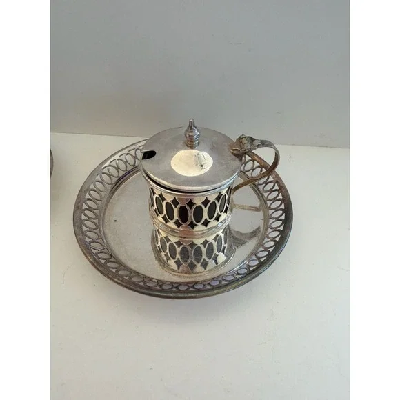 Vintage Cheltenham & Co Silver Plate Mustard Pots Cobalt Blue Glass Set of 2 - Picture 3 of 7